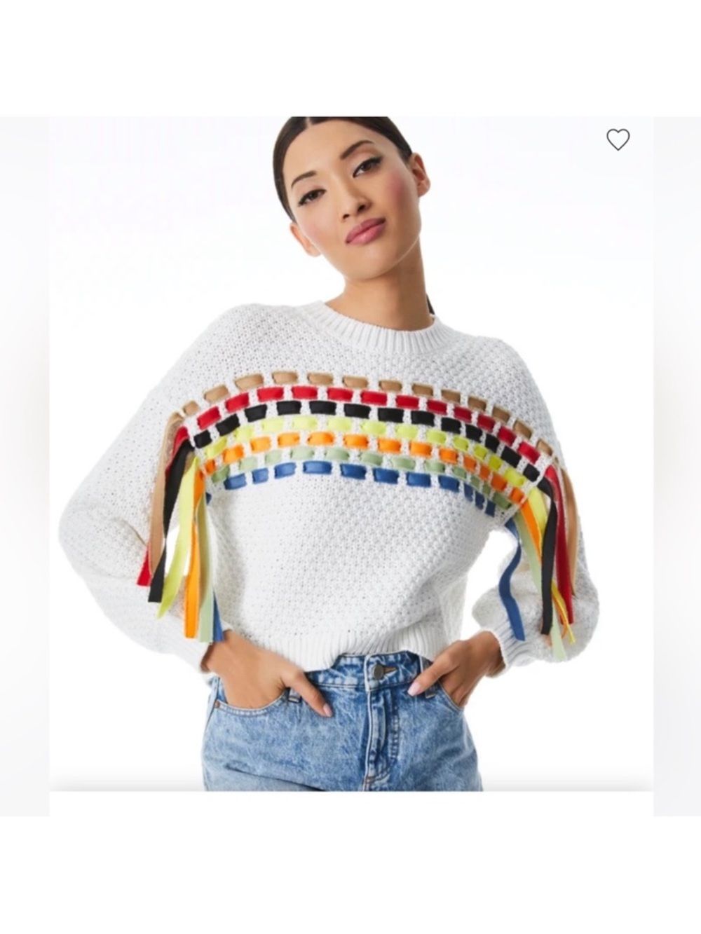 XS Alice + Olivia White Crewneck Sweater with Multicolor Ribbon Fringe